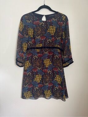 Zara Navy Floral Shift Dress with Mustard and Wine Accents